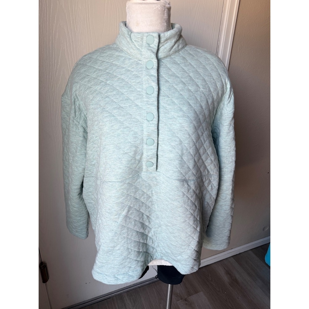 Eddie Bauer Womens XL Quilted Snap Mock Neck Pullover Sweatshirt Mint Green